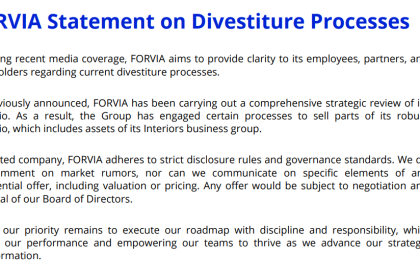 佛瑞亚就资产剥离进程发布声明，将出售部分汽车内饰业务